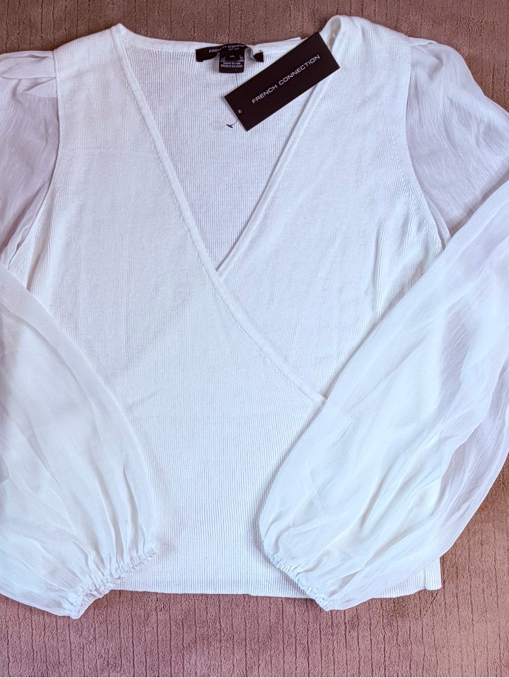 French Connection White V-Neck Puff Sleeve Wrap Blouse - Picture 4 of 8